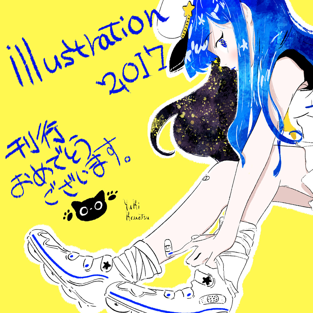 1girl 2017 bandaid bandaid_on_leg bangs blue_eyes blue_hair blush hat illustration.media kawatsu_yuuki long_hair neckerchief original outline profile shirt shoes signature simple_background skirt sleeveless sleeveless_shirt solo white_footwear white_headwear white_outline white_skirt yellow_background yellow_neckwear