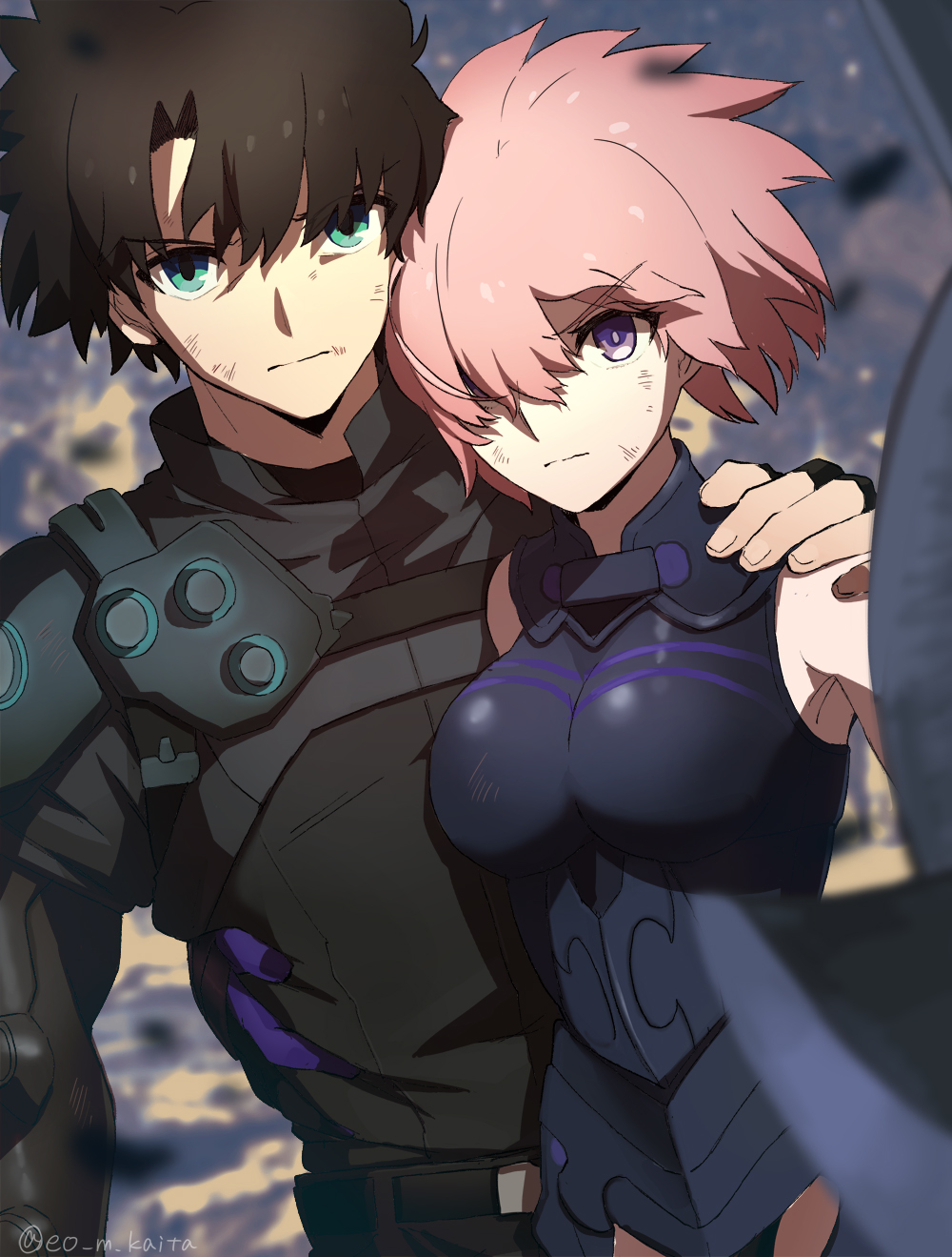 1boy 1girl armor armored_dress brown_hair cowboy_shot fate/grand_order fate_(series) fujimaru_ritsuka_(male) green_eyes hair_over_one_eye highres kaita_(mokamilkcup) looking_at_viewer mash_kyrielight purple_hair shield short_hair violet_eyes