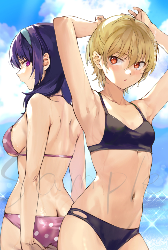 2girls ahoge arms_behind_head arms_up ass bikini blonde_hair blue_hair breasts brown_eyes butt_crack closed_mouth collarbone day eyebrows_visible_through_hair hairband harumi_hana ichihara_chiaki konbu_wakame large_breasts looking_at_viewer medium_hair mole mole_under_eye multiple_girls navel outdoors parted_lips pink_bikini sample sekai_de_ichiban_oppai_ga_suki! short_hair sideboob small_breasts swimsuit twitter_username violet_eyes watermark wet