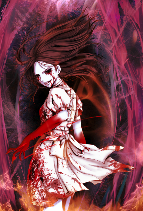 1girl alice:_madness_returns alice_(alice_in_wonderland) american_mcgee's_alice black_hair blood blood_on_face bloody_clothes bloody_hands bloody_tears breasts colored_sclera dress kusunoki_shii long_hair looking_at_viewer pantyhose smile solo