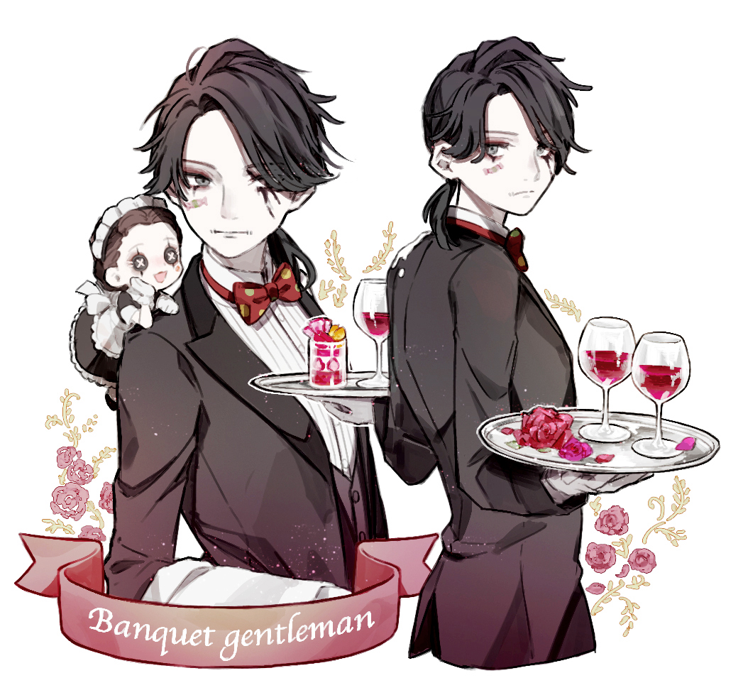 black_hair bow bowtie button_eyes character_request cup drinking_glass dual_wielding flower formal gloves hair_over_one_eye holding holding_tray identity_v kouri_(kyorosuukeeeeeee) long_sleeves maid pale_skin petals ponytail red_bow scar scar_on_face short_ponytail simple_background suit tray waiter white_background white_gloves wine_glass