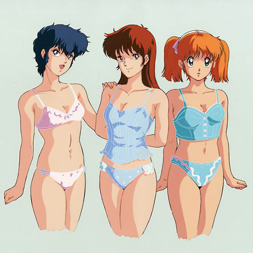 1980s_(style) 3girls arms_behind_back bangs blue_hair brown_hair cropped_legs hand_on_another's_shoulder long_hair looking_at_viewer lowres midnight_anime_lemon_angel multiple_girls navel official_art open_mouth orange_hair retro_artstyle short_hair simple_background smile underwear underwear_only