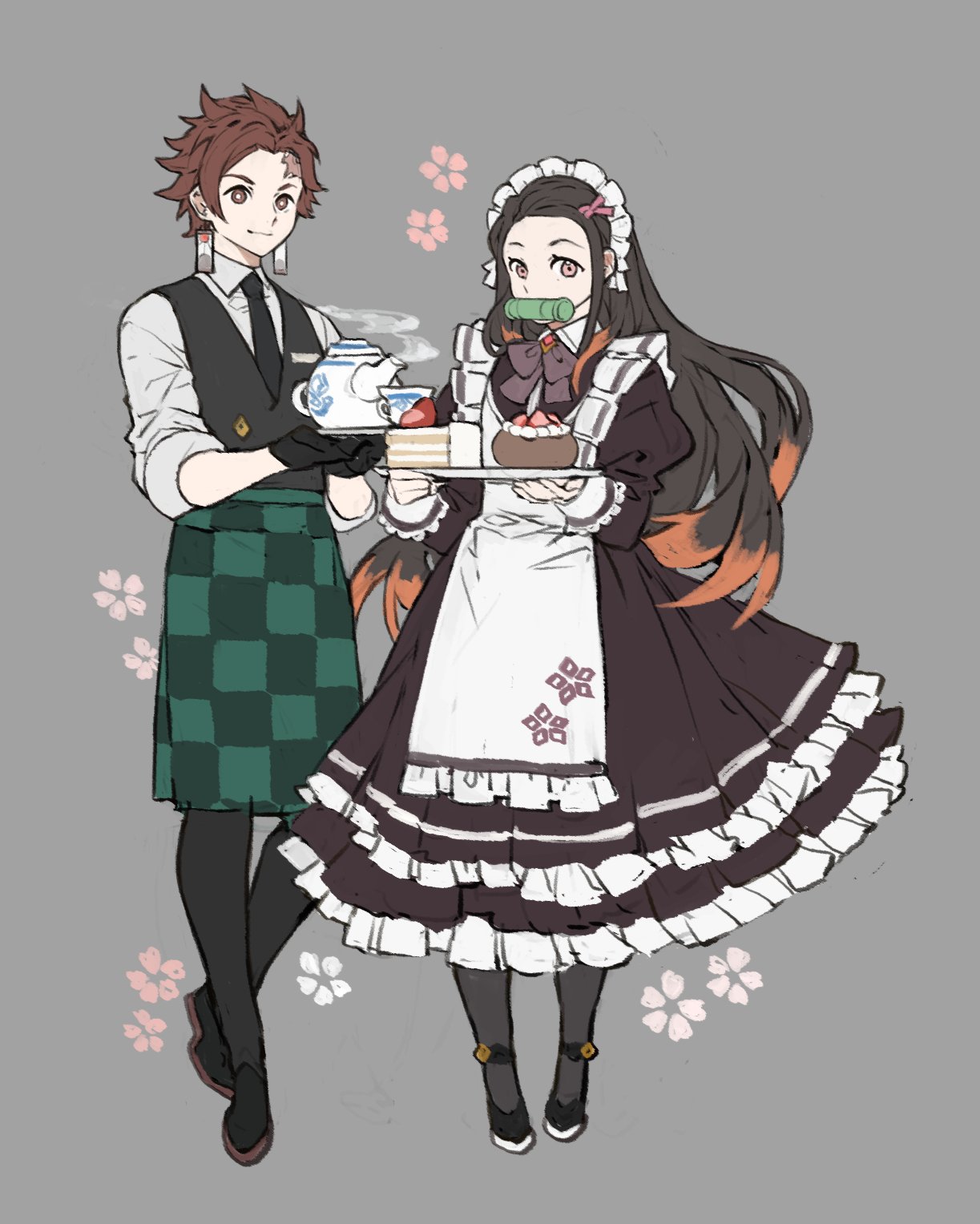 1boy 1girl alternate_costume apron bit_gag black_hair black_neckwear black_pants black_vest brother_and_sister brown_hair cake checkered checkered_apron closed_mouth dress earrings enmaided flower food frilled_dress frills gag grey_background highres holding jewelry kamado_nezuko kamado_tanjirou kimetsu_no_yaiba long_hair maid maid_headdress multicolored_hair necktie pants papajay_(jennygin2) pink_eyes redhead scar scar_on_face shirt siblings simple_background standing steam teapot vest waist_apron waiter waitress white_apron