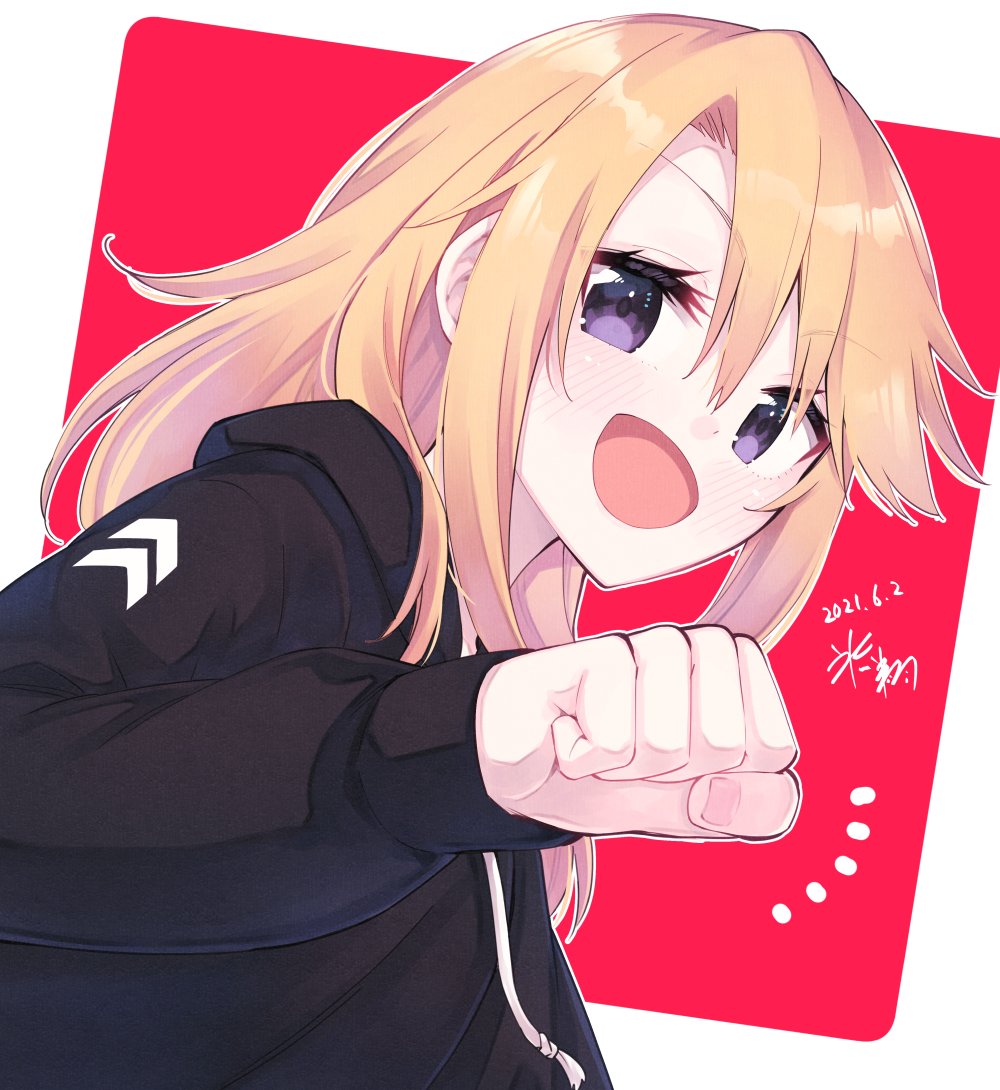 1girl alternate_hair_color blonde_hair clenched_hand commentary_request dated hikawa_shou idolmaster idolmaster_cinderella_girls open_mouth signature smile solo sweater upper_body violet_eyes yuuki_haru