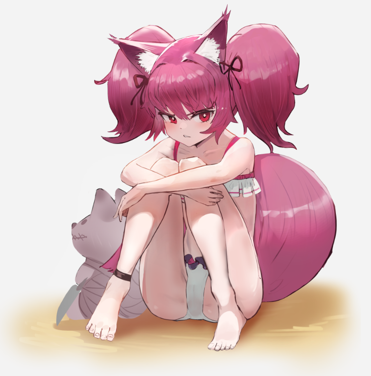 1girl animal_ears ankleband arknights bannnouyakunta bikini black_bow bow commentary fox_ears fox_girl fox_tail hair_bow hair_intakes knees_up long_hair looking_at_viewer pink_hair red_eyes shamare_(arknights) sitting solo stuffed_animal stuffed_toy swimsuit tail twintails white_bikini