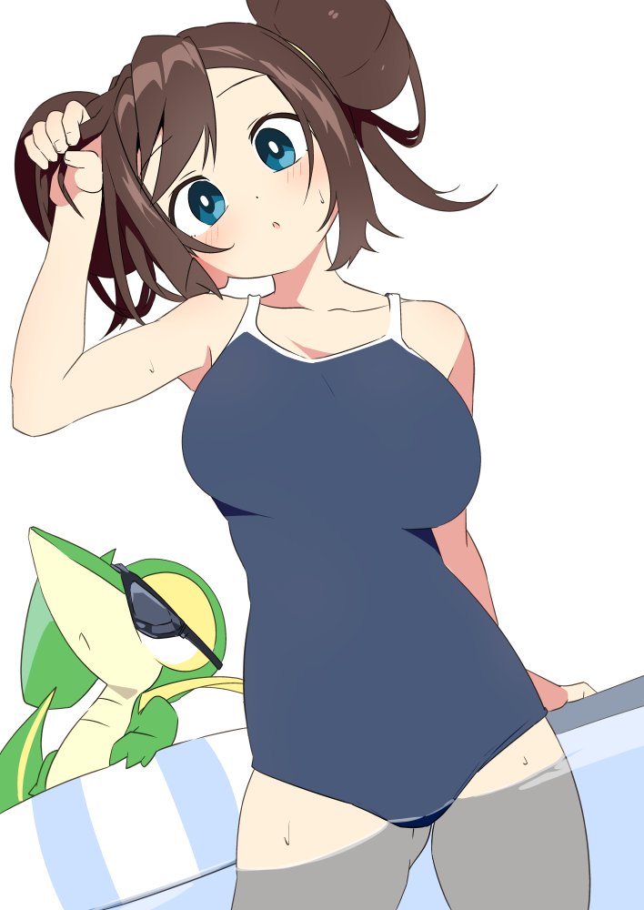 1girl alternate_breast_size alternate_costume alternate_hairstyle bangs bare_arms blue_eyes blush breasts bright_pupils brown_hair collarbone double_bun gen_5_pokemon grey_swimsuit hand_up large_breasts looking_at_viewer one-piece_swimsuit parted_lips pokemon pokemon_(creature) pokemon_(game) pokemon_bw2 rosa_(pokemon) snivy starter_pokemon sunglasses swimsuit tottotonero water wet white_pupils