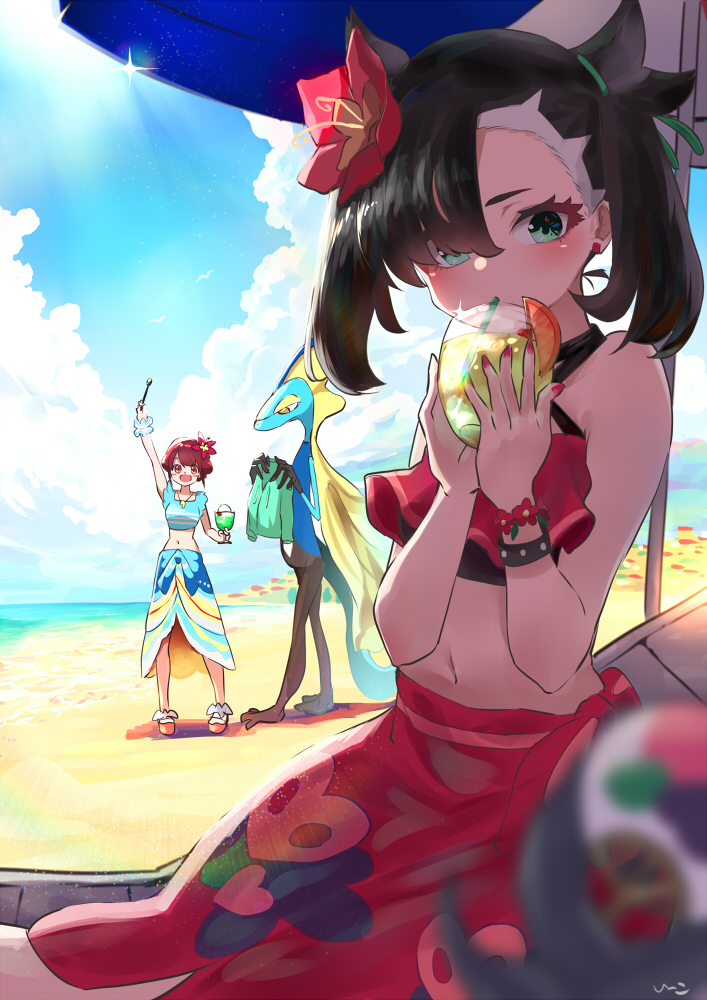 2girls :d arm_up asymmetrical_bangs bangs beach beach_chair beach_umbrella black_hair blue_sarong blue_shirt blurry blush bracelet brown_eyes brown_hair clouds commentary_request cup day drinking drinking_straw e-co earrings flower food fruit gen_8_pokemon glass gloria_(pokemon) green_eyes green_ribbon hair_flower hair_ornament hair_ribbon holding holding_cup inteleon jewelry looking_at_viewer marnie_(pokemon) midriff mouth_hold multiple_girls nail_polish navel official_alternate_costume open_mouth orange_(food) orange_slice outdoors pokemon pokemon_(creature) pokemon_(game) pokemon_masters_ex red_nails ribbon sand sarong scrunchie shirt shore short_hair sky sleeveless sleeveless_shirt smile standing swimsuit umbrella water wrist_scrunchie