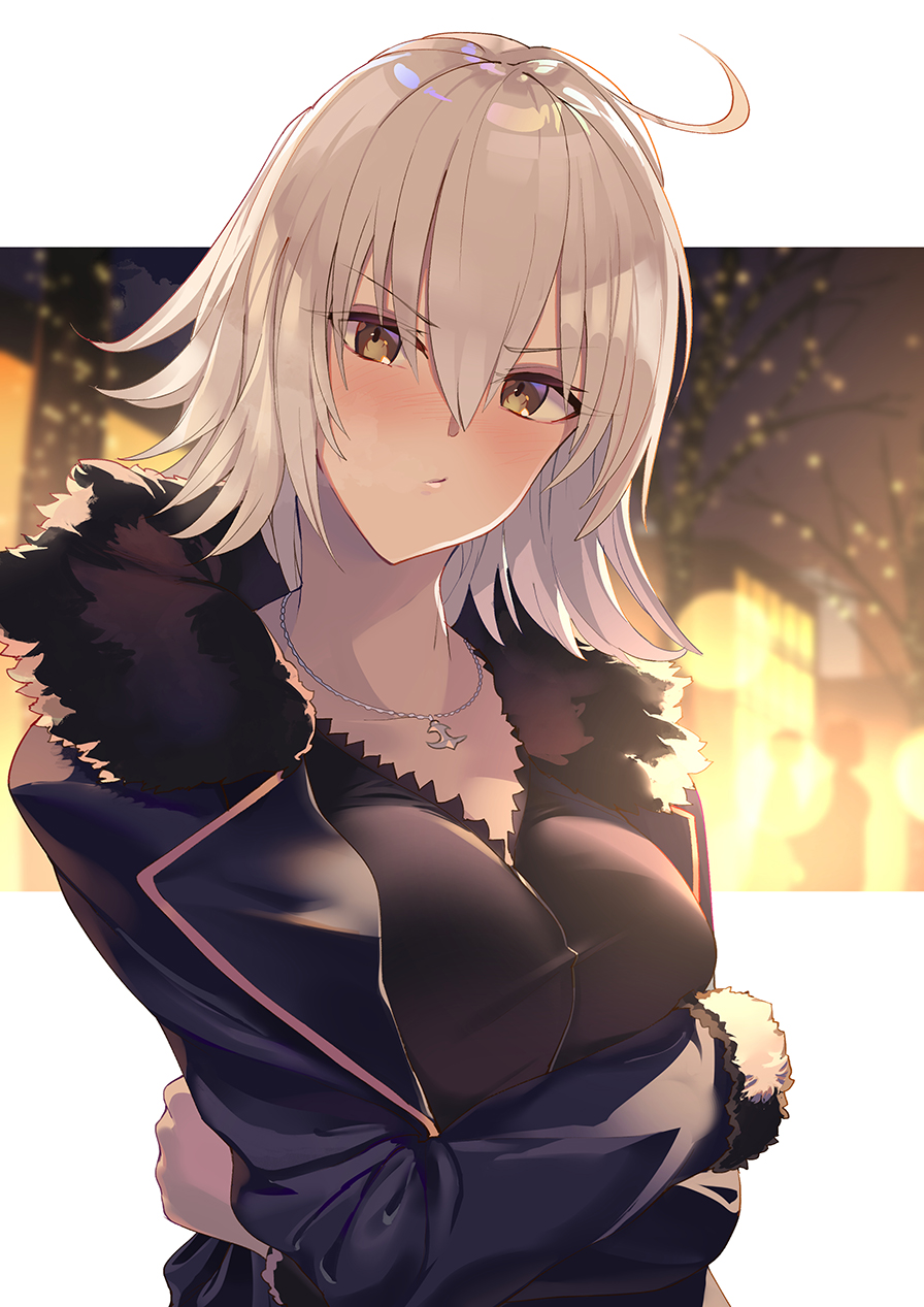1girl ahoge bangs blush breasts closed_mouth coat crossed_arms facing_viewer fate/grand_order fate_(series) fur-trimmed_coat fur_trim hair_between_eyes highres jacket jeanne_d'arc_(alter)_(fate) jeanne_d'arc_(fate)_(all) jewelry large_breasts long_sleeves looking_at_viewer necklace pout shirt short_hair silver_hair solo soupchan wicked_dragon_witch_ver._shinjuku_1999 yellow_eyes