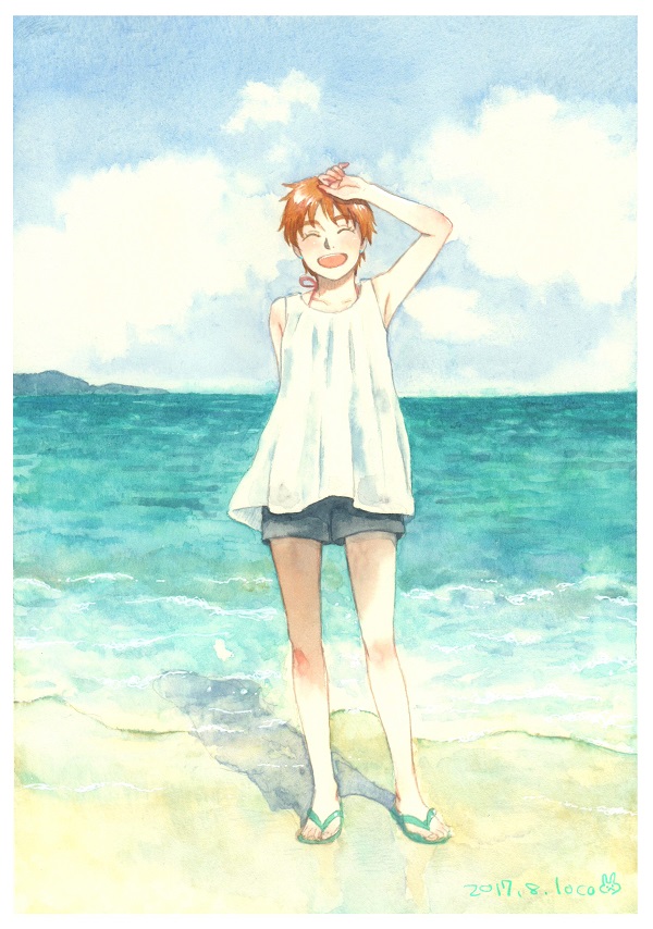 1girl arm_behind_back beach blush casual closed_eyes clouds collarbone dated halterneck hand_up happy hill horizon izumi_noa kidou_keisatsu_patlabor ocean open_mouth orange_hair sandals shadow short_hair shorts signature solo swimsuit swimsuit_under_clothes traditional_media ususionorisio water watercolor_(medium)
