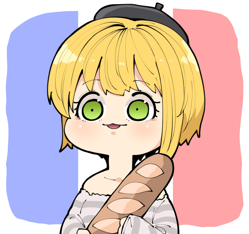 1girl :3 baguette black_headwear blonde_hair bob_cut bread chibi food france french_flag green_eyes hat idolmaster idolmaster_cinderella_girls miyamoto_frederica off-shoulder_sweater off_shoulder short_hair solo striped striped_sweater sweater takato_kurosuke upper_body