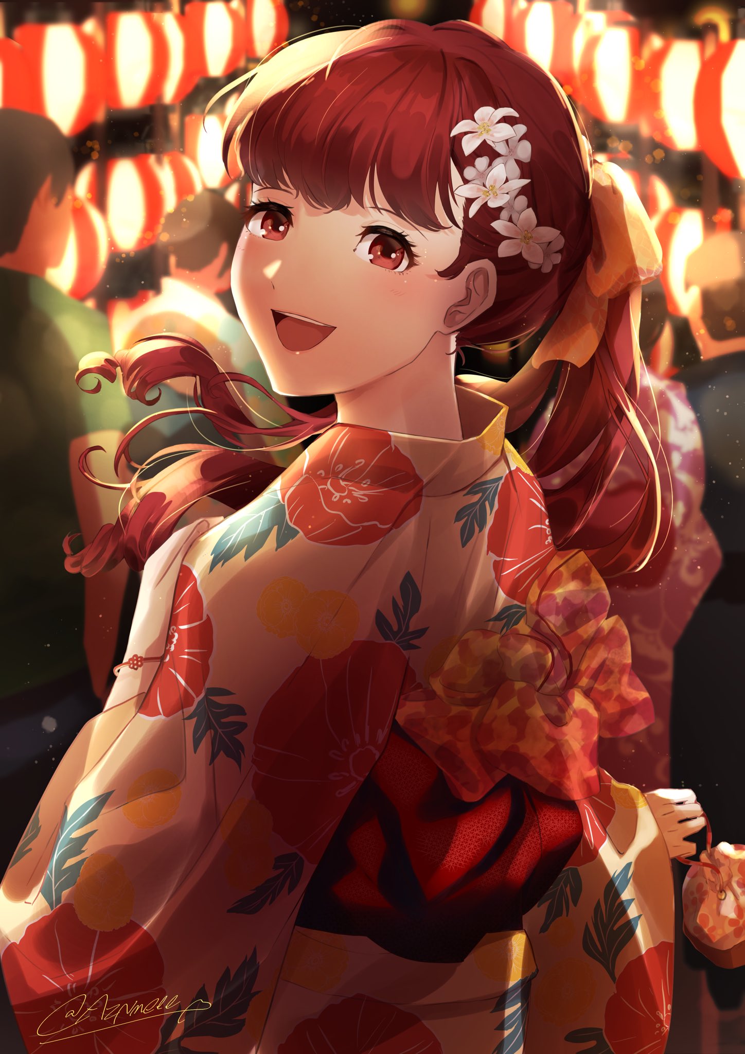 1girl alternate_costume aznmeee blush bow commentary_request floating_hair floral_print flower hair_bow hair_flower hair_ornament hand_on_own_chest highres holding japanese_clothes kimono kinchaku lantern long_hair looking_at_viewer obi open_mouth outdoors paper_lantern persona persona_5 persona_5_the_royal ponytail pouch print_kimono red_eyes redhead sash signature smile upper_body upper_teeth white_flower wide_sleeves yellow_bow yellow_kimono yoshizawa_kasumi yukata