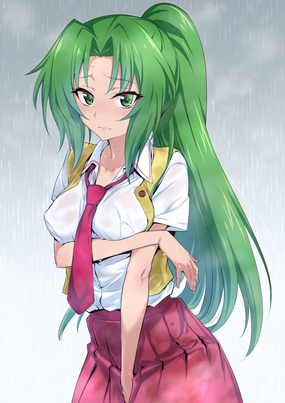 1girl bangs breast_hold breasts closed_mouth commentary_request dress_shirt eyebrows_visible_through_hair frown green_eyes green_hair grey_sky highres higurashi_no_naku_koro_ni long_hair looking_at_viewer loose_necktie nakahira_guy necktie overcast parted_bangs pleated_skirt ponytail rain red_neckwear red_skirt school_uniform shirt short_sleeves skirt solo sonozaki_mion standing vest wet wet_clothes white_shirt wing_collar yellow_vest