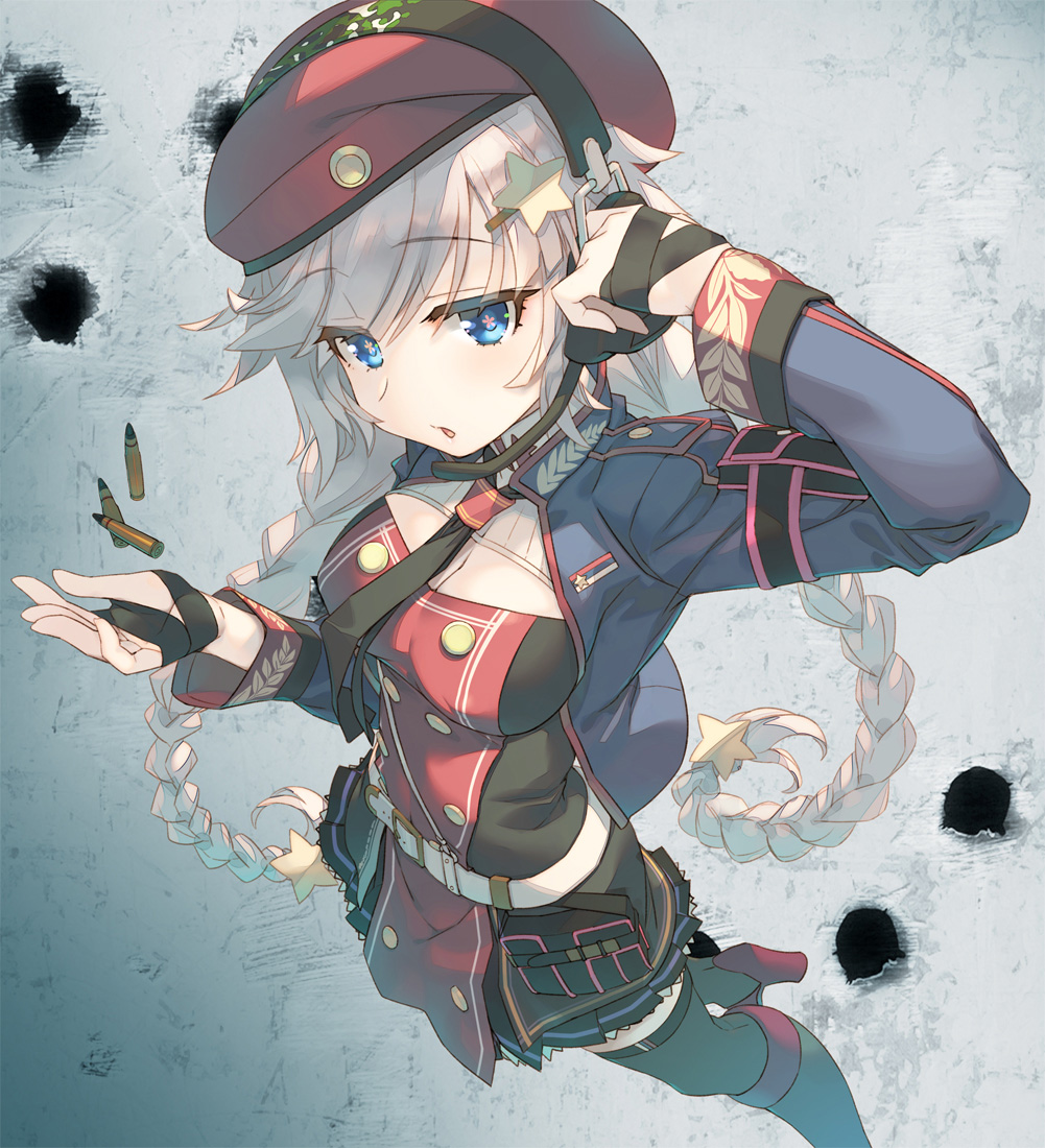 1girl adjusting_headset amazuyu_tatsuki belt beret black_neckwear blue_eyes blue_jacket boots braid breasts bullet_hole cartridge cleavage_cutout clothing_cutout commentary_request cropped_jacket girls_frontline hair_ornament hat headset jacket long_hair looking_at_viewer medium_breasts necktie ots-12_(girls_frontline) pleated_skirt red_headwear silver_hair skirt solo star_(symbol) star_hair_ornament symbol-shaped_pupils thigh-highs twin_braids very_long_hair white_belt zettai_ryouiki