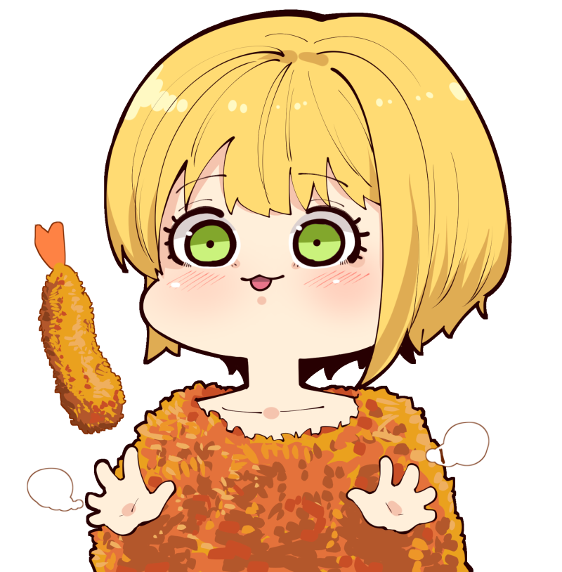 1girl :3 blonde_hair bob_cut chibi food green_eyes hands_up idolmaster idolmaster_cinderella_girls looking_at_viewer medium_hair miyamoto_frederica parted_lips shrimp shrimp_costume shrimp_tempura simple_background solo takato_kurosuke tempura white_background