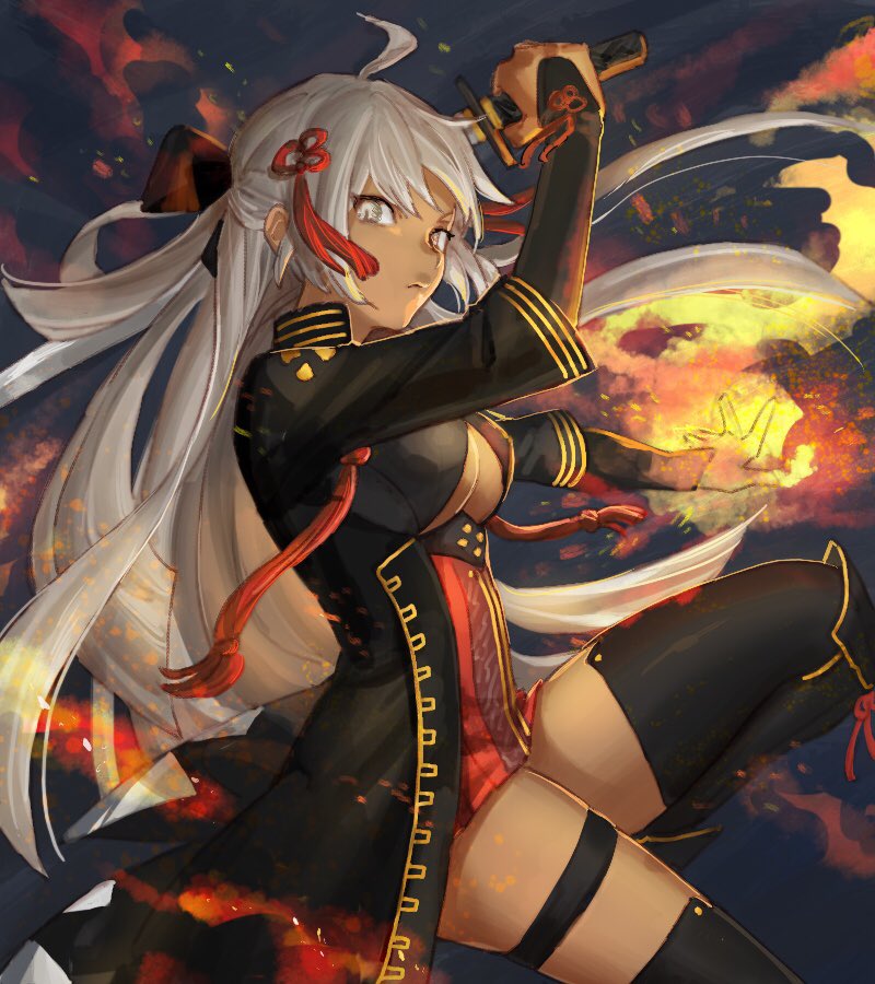 1girl ahoge arm_up bangs black_gloves black_legwear breasts dark-skinned_female dark_skin elbow_gloves fate/grand_order fate_(series) fingerless_gloves gloves grey_eyes hair_between_eyes hair_ornament hair_ribbon hairclip holding holding_sword holding_weapon jacket katana leg_belt long_hair looking_at_viewer nima_(niru54) okita_souji_(alter)_(fate) okita_souji_(fate)_(all) ribbon silver_hair solo sword thigh-highs weapon