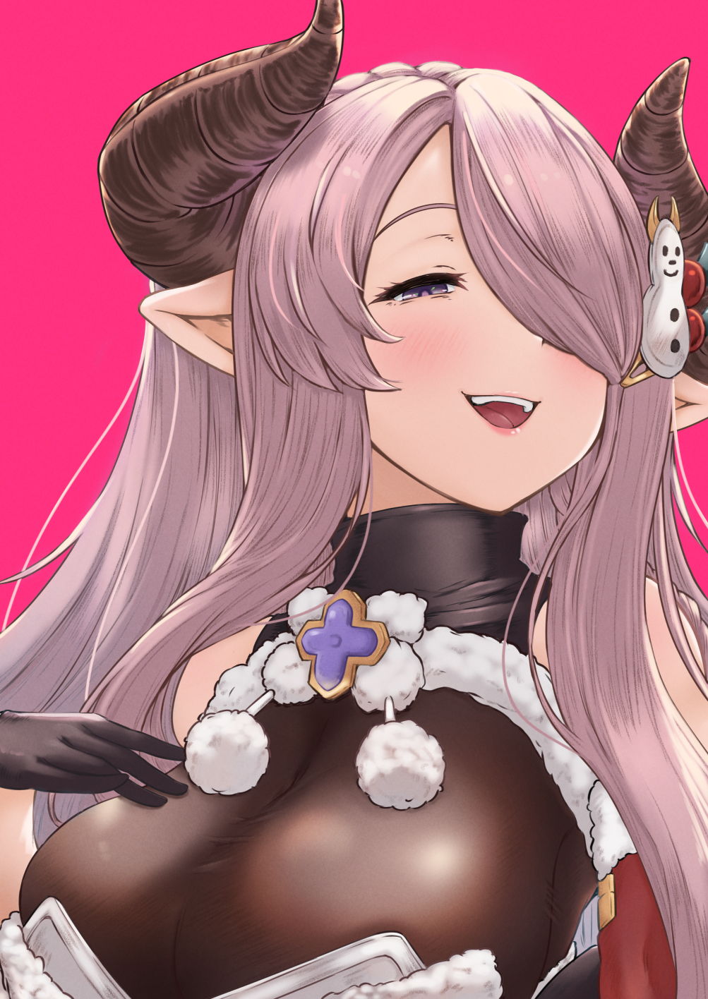 1girl black_gloves blue_eyes braid breasts christmas commentary_request draph dress fur-trimmed_dress fur_trim gloves granblue_fantasy hair_over_one_eye hand_on_breast highres horns large_breasts light_purple_hair long_hair looking_at_viewer low_tied_hair narmaya_(granblue_fantasy) pink_background pointy_ears purple_hair red_dress single_braid snowman_hair_ornament solo teriton