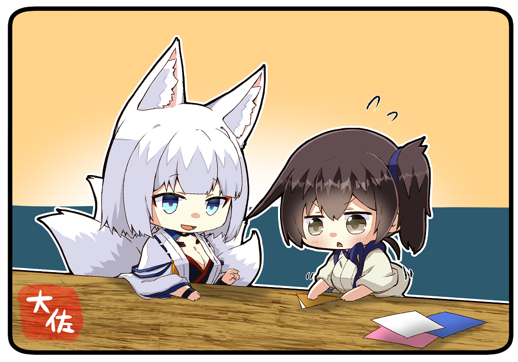 2girls :&lt; :d animal_ears artist_name azur_lane blue_eyes brown_eyes brown_hair chibi closed_mouth crossover eyeshadow flying_sweatdrops fox_ears fox_tail hair_between_eyes japanese_clothes kaga_(azur_lane) kaga_(kancolle) kantai_collection makeup multiple_girls multiple_tails namesake open_mouth origami paper redrawn revision short_hair side_ponytail smile tail taisa_(kari) tasuki v-shaped_eyebrows white_hair