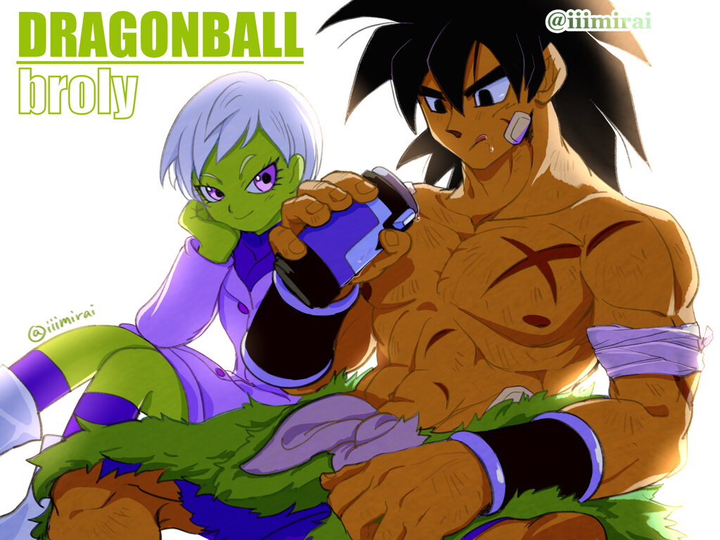 1boy 1girl black_eyes black_hair bracer broly_(dragon_ball_super) character_name cheelai colored_skin commentary_request copyright_name dragon_ball dragon_ball_super dragon_ball_super_broly green_skin iiimirai scar scar_on_chest short_hair sitting tongue tongue_out twitter_username violet_eyes white_hair