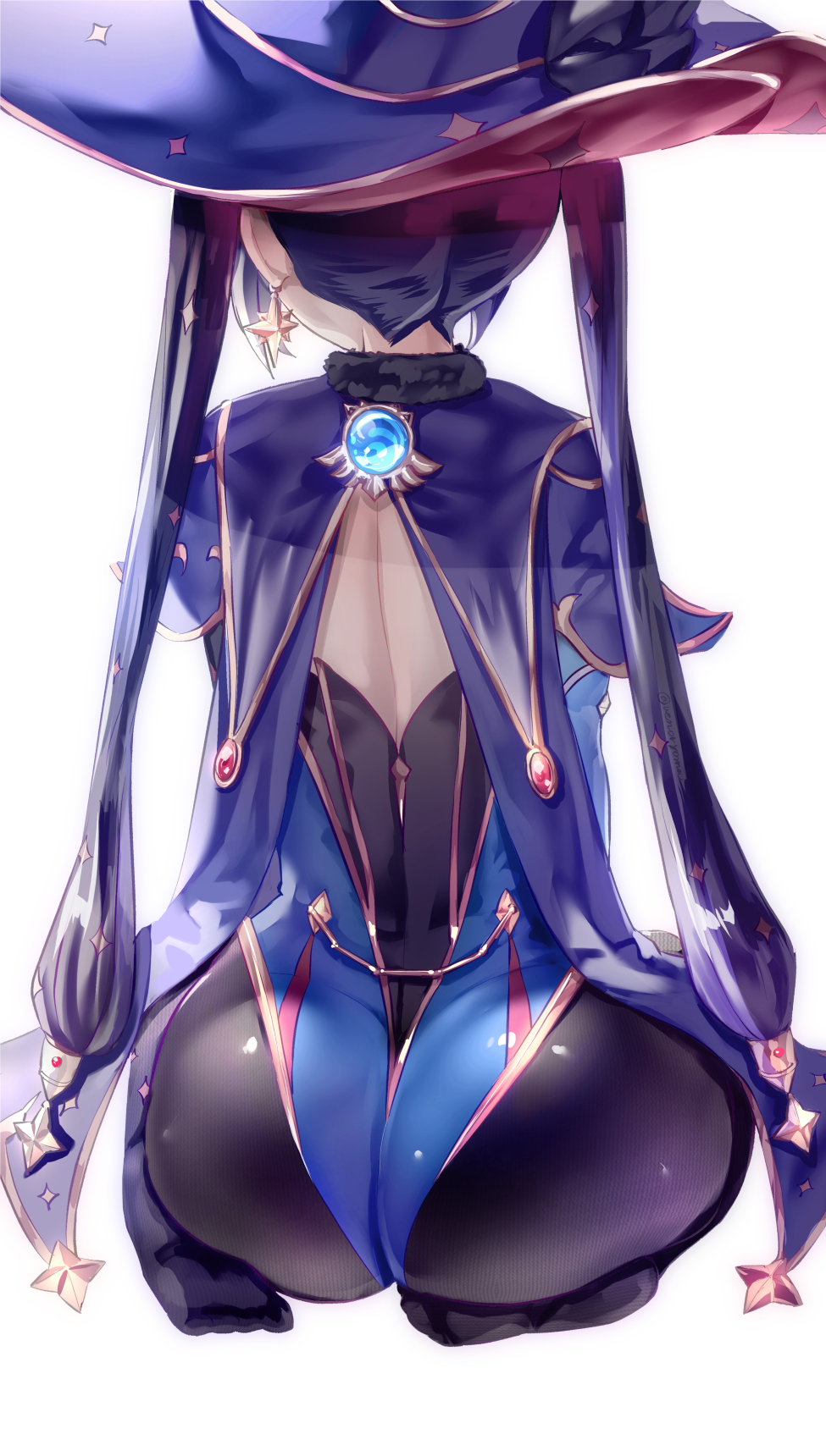 1girl ass back black_gloves black_hair black_legwear blue_cape blue_headwear blue_leotard bodystocking breasts cape detached_sleeves earrings elbow_gloves fur_collar genshin_impact gloves gold_trim hat hat_ornament highleg highleg_leotard highres jewelry leotard long_hair medium_breasts mona_(genshin_impact) pantyhose pendant sitting star_(symbol) star_earrings twintails uenoryoma vision_(genshin_impact) wariza witch_hat