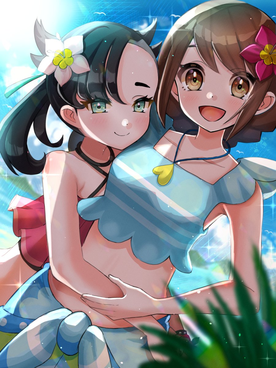 2girls :d asymmetrical_bangs bangs bare_arms bird black_hair blue_shirt blurry blush breasts brown_eyes closed_mouth clouds collarbone commentary day eyelashes flower gloria_(pokemon) green_eyes green_ribbon hair_flower hair_ornament hair_ribbon highres hug jewelry long_hair marnie_(pokemon) medium_hair multiple_girls necklace official_alternate_costume open_mouth outdoors pokemon pokemon_(game) pokemon_masters_ex ribbon setta_shu shiny shiny_hair shirt sky sleeveless sleeveless_shirt smile sparkle tongue twintails