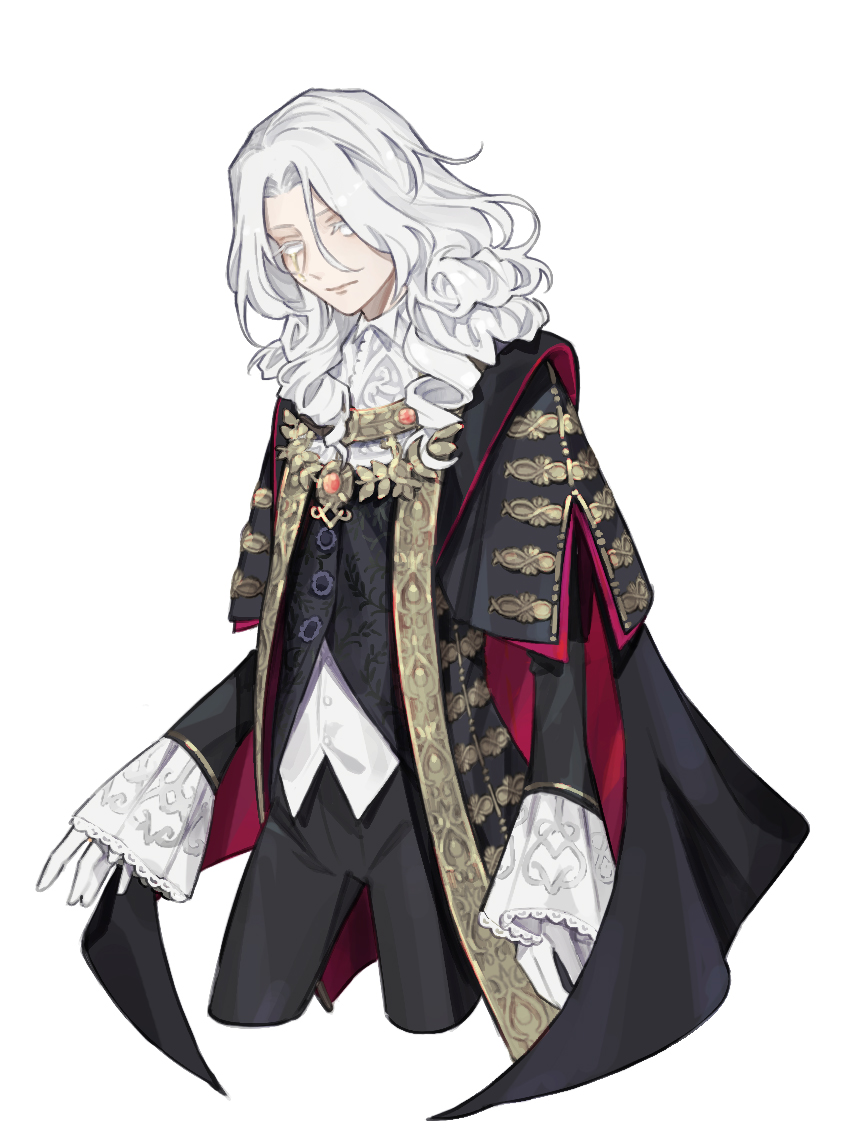 1boy black_cape black_pants brooch cape identity_v jewelry joseph_desaulniers kouri_(kyorosuukeeeeeee) long_hair long_sleeves male_focus no_pupils pants sleeves_past_wrists solo standing vest white_background white_eyes white_hair