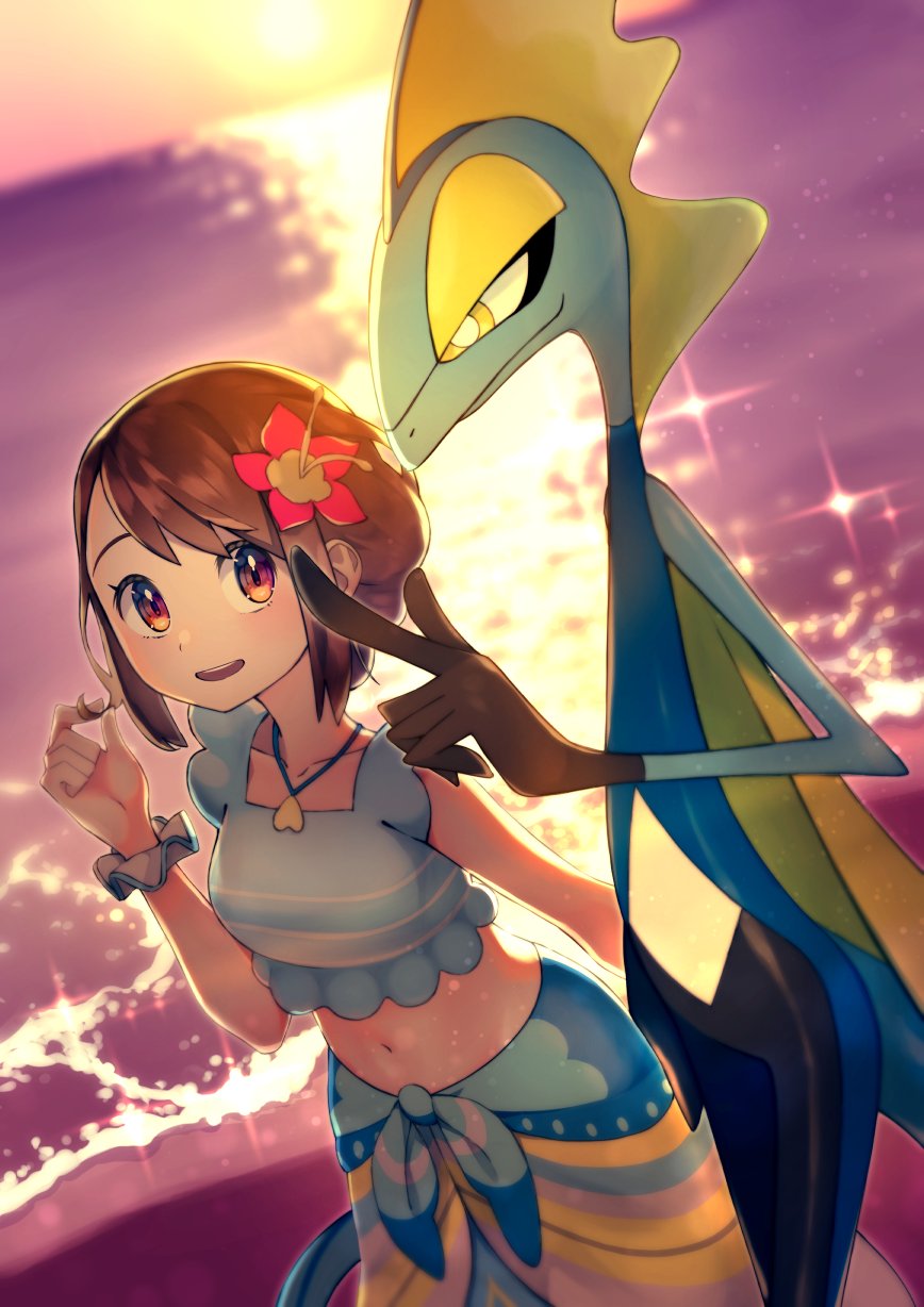 1girl bangs blue_sarong blue_shirt blurry blush bright_pupils brown_eyes brown_hair closed_mouth collarbone commentary_request flower gen_8_pokemon gloria_(pokemon) hair_flower hair_ornament hair_twirling hand_up highres inteleon jewelry navel necklace official_alternate_costume open_mouth outdoors pokemon pokemon_(creature) pokemon_(game) pokemon_masters_ex rindoriko sand sarong scrunchie shirt shore short_hair sleeveless sleeveless_shirt smile sparkle standing sun sunset twilight upper_teeth water white_pupils wrist_scrunchie yellow_eyes