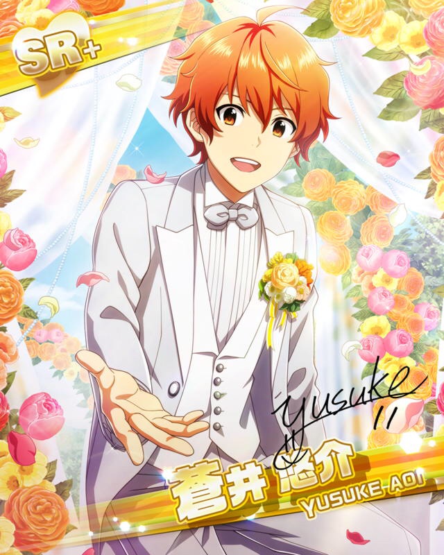 aoi_yusuke character_name groom idolmaster idolmaster_side-m orange_hair red_eyes short_hair smile tuxedo