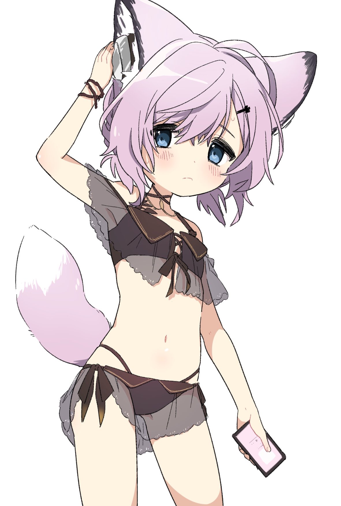 1919_decoy 1girl animal_ears arknights bikini black_bikini blue_eyes cellphone commentary_request earpiece flat_chest fox_ears fox_girl fox_tail hand_up highres holding holding_phone navel official_alternate_costume phone pink_hair short_hair simple_background smartphone solo sussurro_(arknights) sussurro_(summer_flowers)_(arknights) swimsuit tail white_background