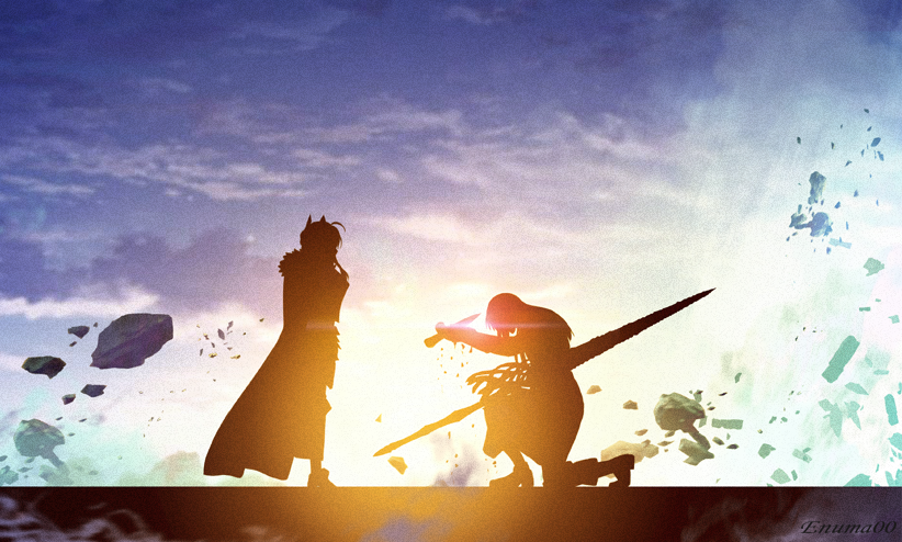 1boy 1girl aora backlighting bedivere_(fate) blue_sky cape excalibur_(fate/stay_night) fate/grand_order fate_(series) kneeling knight lance long_hair polearm rhongomyniad_(fate) silhouette sky sunset sword weapon