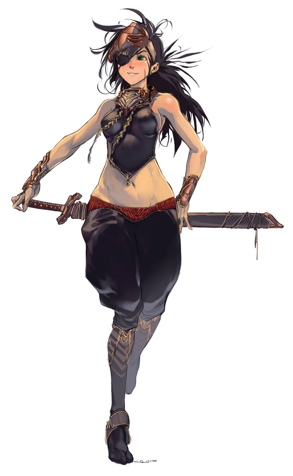 1girl bangs black_footwear black_hair black_pants blue_eyes boots breasts david_liu english_commentary hair_behind_ear highres holding holding_sword holding_weapon long_hair mask mask_on_head medium_breasts navel one_eye_covered original pants sideboob smile solo sword weapon weapon_on_back white_background wide_hips