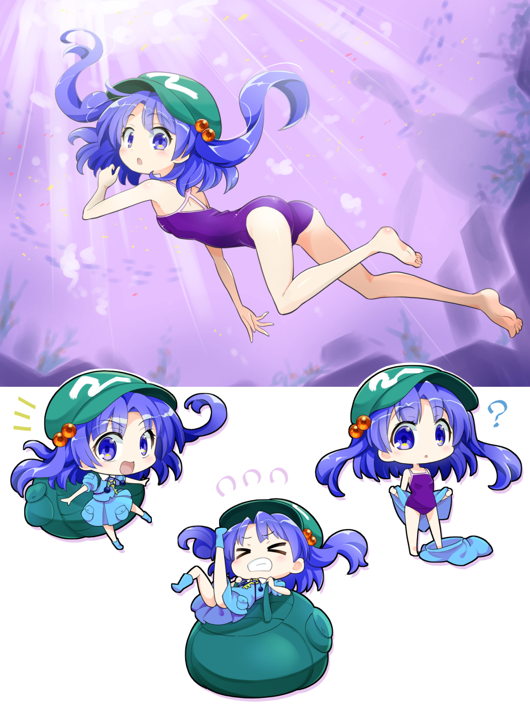 1girl ? backpack bag bangs blue_eyes blue_footwear blue_hair blue_shirt blue_skirt boots chibi eyebrows_visible_through_hair fish flat_cap flying_sweatdrops full_body futa_(nabezoko) green_bag green_headwear hair_bobbles hair_ornament hat highres kawashiro_nitori key light_rays looking_at_viewer medium_hair multiple_views one-piece_swimsuit open_mouth pocket puffy_short_sleeves puffy_sleeves purple_swimsuit shirt short_sleeves skirt swimsuit touhou two_side_up underwater