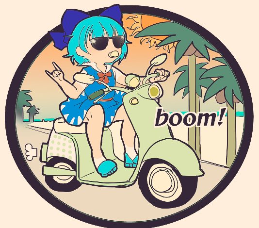 blouse blue_dress blue_eyes blue_footwear blue_hair blue_ribbon bow cirno coconut coconut_tree dress dress_shirt english_text ground_vehicle hair_bow ice ice_wings kaneda_tamago motor_vehicle ocean palm_tree pinafore_dress puffy_short_sleeves puffy_sleeves red_bow red_ribbon ribbon sand scooter shirt shore short_hair short_sleeves sun sunglasses sunset tan tanlines touhou tree vespa white_blouse white_shirt wing_collar wings