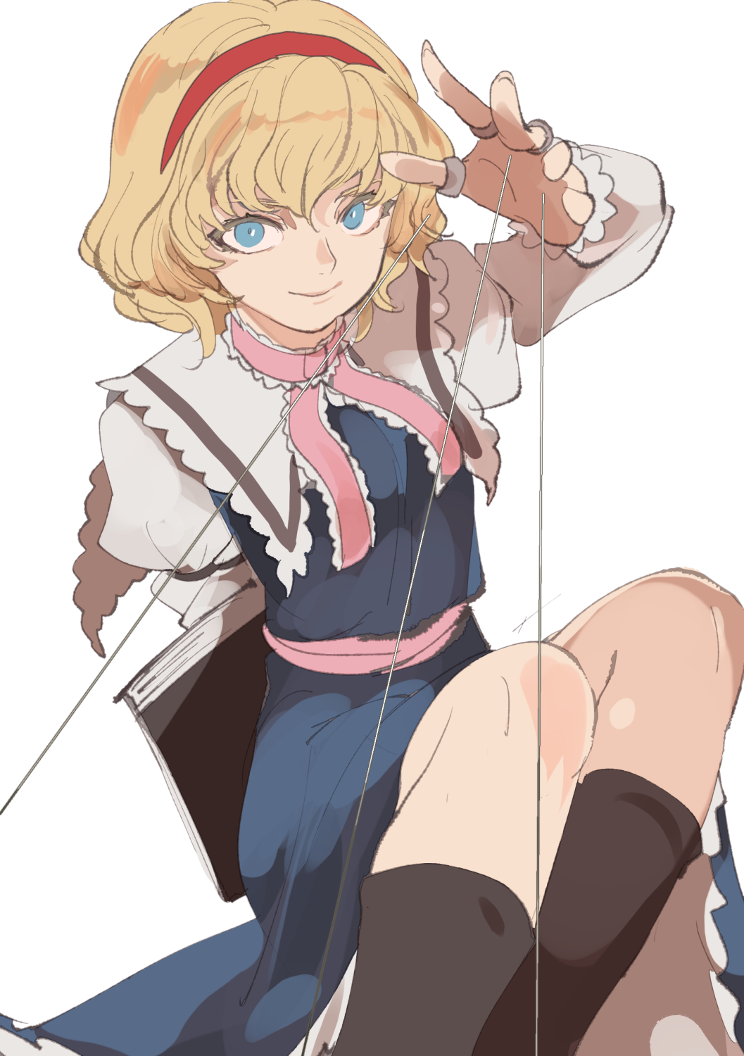 1girl alice_margatroid arm_up bangs belt blonde_hair blue_dress blue_eyes book boots breasts brown_footwear cape closed_mouth dress eyebrows_visible_through_hair hair_between_eyes hairband hand_up highres kerok_(joniko1110) long_sleeves looking_at_viewer medium_breasts pink_belt pink_neckwear puffy_sleeves red_hairband short_hair simple_background sitting smile solo touhou white_background white_cape white_sleeves
