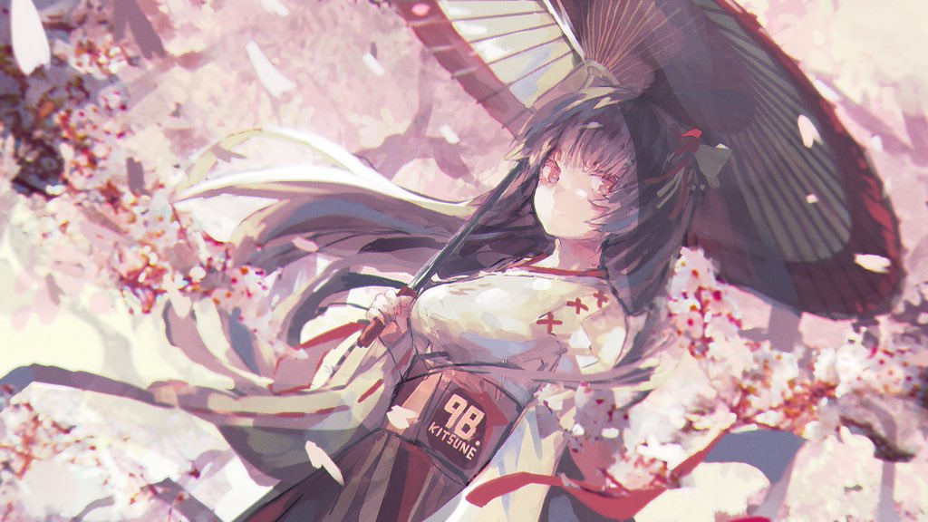 1girl azarasi_haru bangs black_hair breasts character_request cherry_blossoms clothes_writing commentary_request copyright_request falling_petals flower hair_ornament holding holding_umbrella japanese_clothes kimono large_breasts long_hair long_sleeves looking_at_viewer oil-paper_umbrella petals pink_flower red_eyes ribbon-trimmed_sleeves ribbon_trim sidelocks smile solo umbrella white_kimono