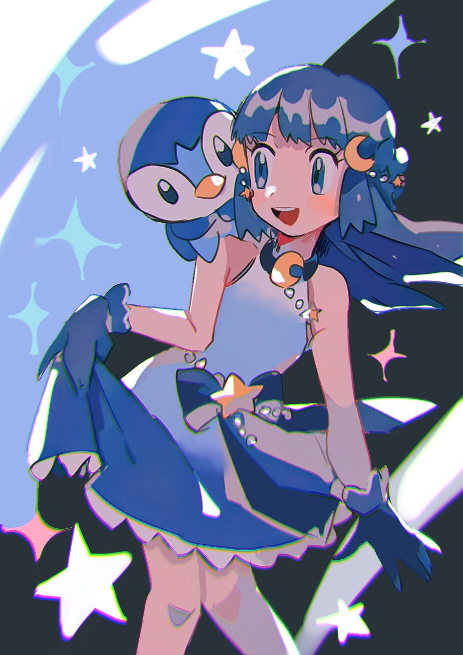 1girl :d bangs bare_arms blue_dress blue_eyes blue_gloves blue_hair blush bow clothes_lift commentary_request crescent crescent_hair_ornament hikari_(pokemon) dress dress_lift eyelashes floating_hair gen_4_pokemon gloves hair_ornament highres hinann_bot knees knees_together_feet_apart lifted_by_self on_shoulder open_mouth piplup pokemon pokemon_(anime) pokemon_(creature) pokemon_on_shoulder pokemon_swsh_(anime) shiny shiny_hair sleeveless sleeveless_dress smile solo sparkle star_(symbol) starter_pokemon tongue upper_teeth