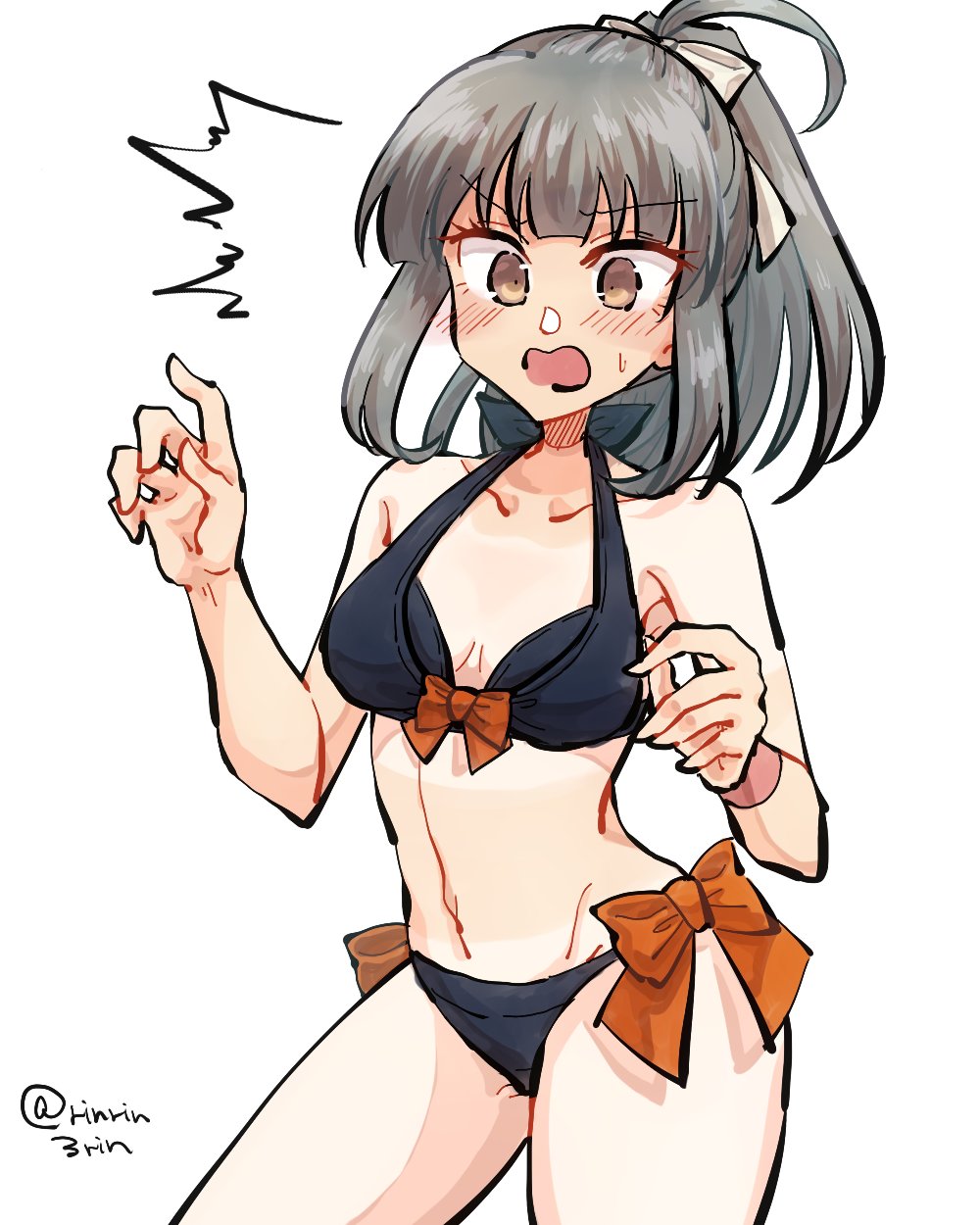 1girl ^^^ bikini black_bikini breasts brown_eyes commentary_request contrapposto cowboy_shot grey_hair highres kantai_collection looking_down matsunaga_(haku) ponytail side-tie_bikini simple_background small_breasts solo surprised swimsuit twitter_username white_background yuubari_(kancolle)