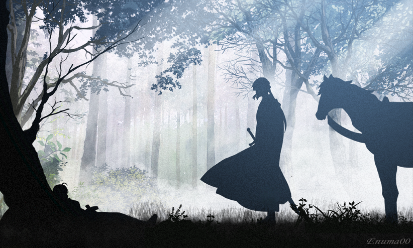1boy 1girl aora artoria_pendragon_(all) bedivere_(fate) cape excalibur_(fate/stay_night) fate/grand_order fate_(series) forest horse knight light_rays long_hair nature saber silhouette sword tree weapon
