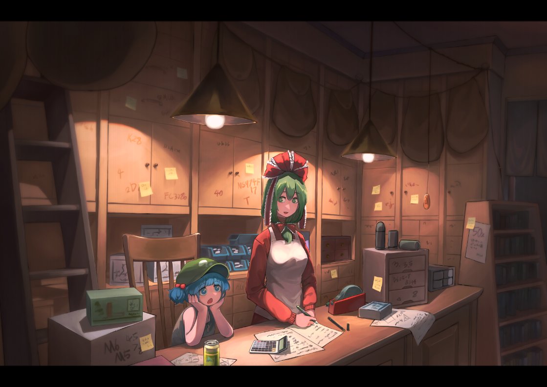 2girls apron bangs black_tank_top blue_eyes blue_hair box cabbie_hat calculator commentary elbow_rest english_commentary frogsnake front_ponytail green_hair green_headwear hair_bobbles hair_ornament hair_ribbon hat indoors kagiyama_hina kawashiro_nitori key ladder long_hair long_sleeves multiple_girls on_chair open_mouth red_ribbon ribbon shelf short_hair sitting smile sticky_note table tank_top touhou two_side_up