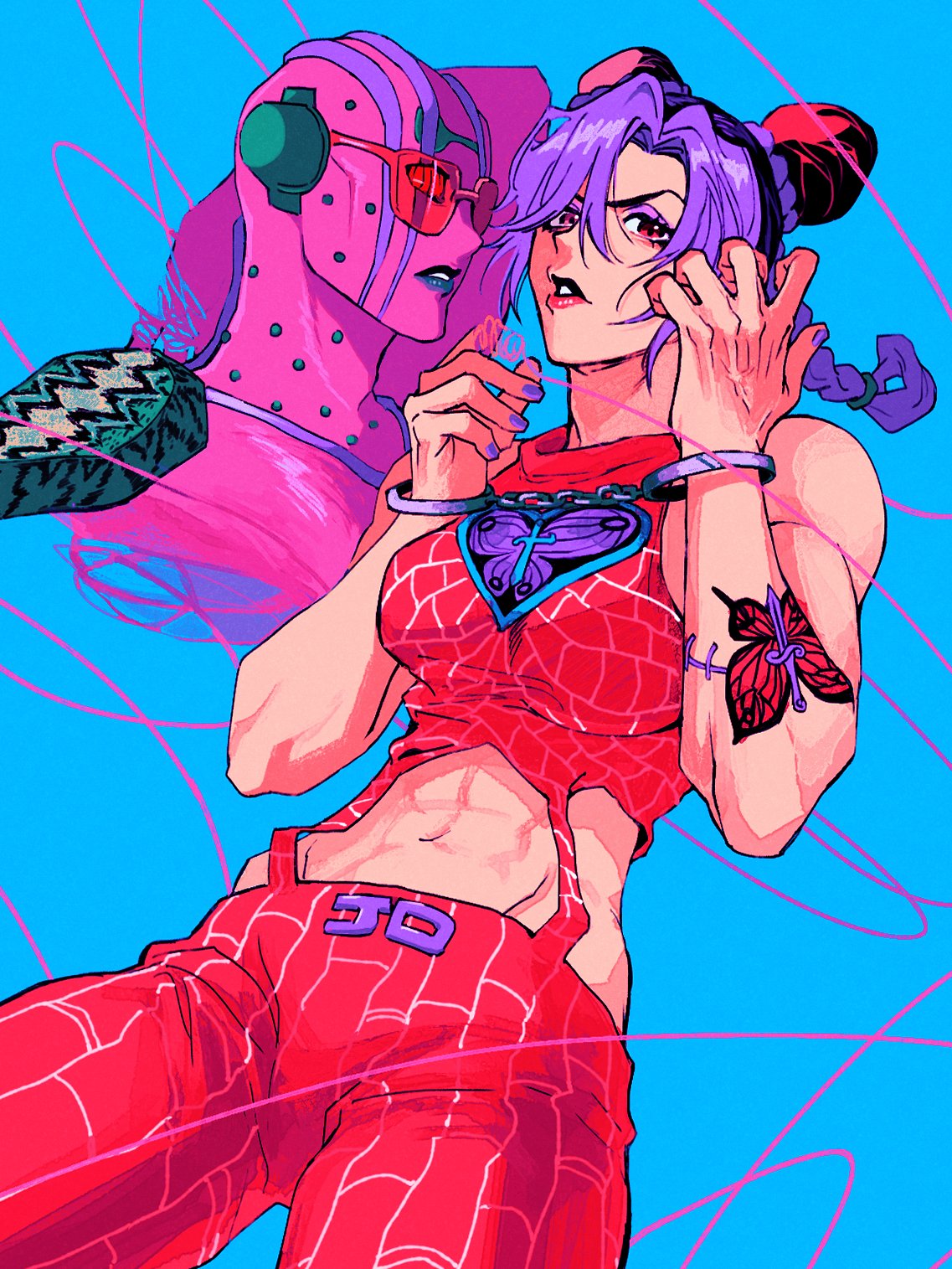 1girl bare_arms bare_shoulders blue_background braid braided_ponytail bug butterfly cowboy_shot cuffs double_bun eyeshadow fingernails handcuffs hands_up highres insect jojo_no_kimyou_na_bouken kujo_jolyne kzknmkz lipstick looking_at_viewer makeup mascara multicolored_hair nail_polish open_mouth ponytail purple_hair purple_nails red_eyes red_lips simple_background solo stomach stone_free stone_ocean string tattoo toned two-tone_hair unraveling