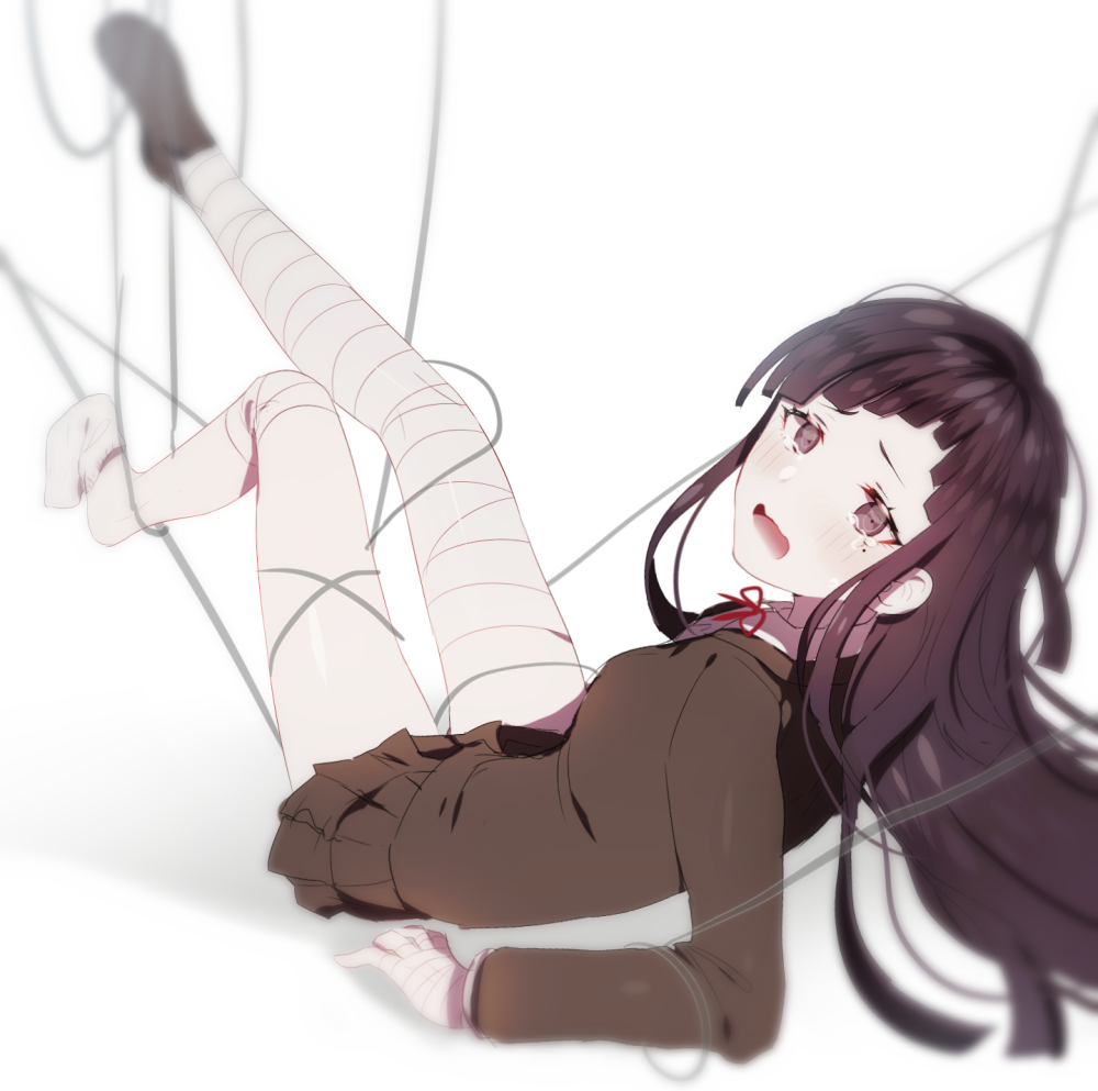 1girl bandaged_hands bandaged_leg bandages bangs black_hair blush brown_jacket brown_skirt collared_shirt commentary_request dangan_ronpa_(series) dangan_ronpa_3_(anime) from_side full_body hiru_(hyerrr) hope's_peak_academy_school_uniform jacket long_hair long_sleeves lying miniskirt mole mole_under_eye neck_ribbon open_mouth red_ribbon ribbon school_uniform shirt shoes single_shoe skirt socks solo tears tsumiki_mikan white_legwear white_shirt