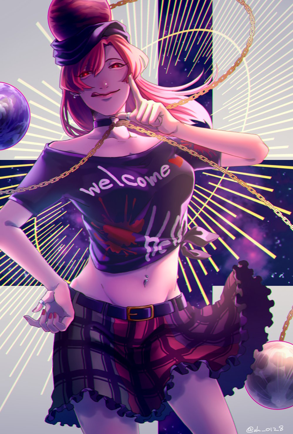 1girl bangs bare_shoulders black_choker black_headwear black_neckwear black_shirt black_sleeves blue_background breasts chain choker closed_mouth earth_(ornament) eyebrows_visible_through_hair gold_chain green_skirt grey_background hair_between_eyes hand_on_hip hand_up hecatia_lapislazuli highres holding jewelry light medium_breasts medium_hair moon_(ornament) multicolored multicolored_background off_shoulder polos_crown purple_background purple_skirt raya_(uk_0128) red_eyes red_headwear red_nails red_skirt redhead ring shadow shirt short_sleeves skirt sky smile solo space standing star_(sky) starry_sky t-shirt tongue tongue_out touhou twitter_username