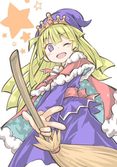 1girl blonde_hair blue_eyes blush broom capelet cloak dress hat holding holding_broom konomi_uo long_hair long_sleeves magic no_pupils one_eye_closed puyopuyo puyopuyo_quest smile solo star_(symbol) star_print tiara witch witch_(puyopuyo) witch_hat