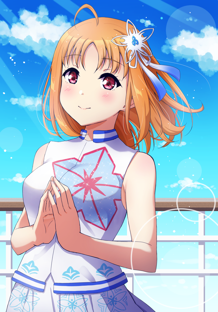 1girl ahoge bangs blush breasts clouds cloudy_sky eyebrows_visible_through_hair hair_ornament love_live! love_live!_sunshine!! medium_breasts orange_hair qy73 red_eyes short_hair sky sleeveless solo takami_chika upper_body