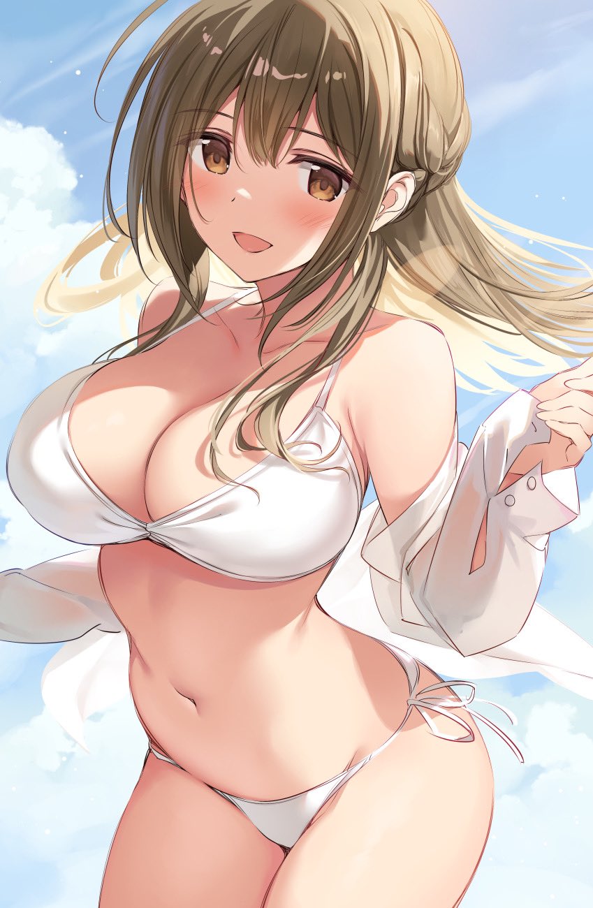 1girl bikini blue_sky breasts brown_eyes brown_hair clouds collarbone commentary eyebrows_visible_through_hair highres idolmaster idolmaster_shiny_colors kuwayama_chiyuki large_breasts long_hair looking_at_viewer navel open_mouth oryou shirt sky smile solo swimsuit white_bikini white_shirt