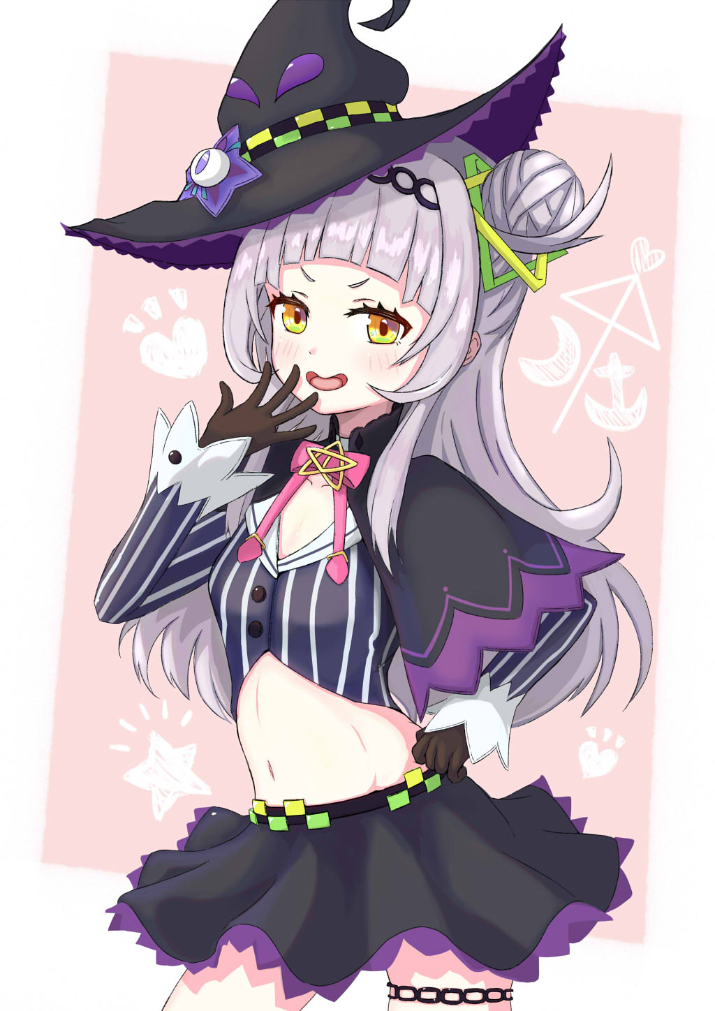 1girl banana_de_ikopon bangs black_capelet black_gloves black_skirt blunt_bangs blush_stickers bow bowtie capelet covering_mouth cropped_shirt gloves hair_ornament hairband hand_on_hip hand_over_own_mouth hexagram_hair_ornament highres hololive long_hair long_sleeves looking_at_viewer lowleg lowleg_skirt microskirt midriff murasaki_shion navel ojou-sama_pose pink_neckwear purple_capelet shirt short_eyebrows side_bun sidelocks silver_hair skirt smile smug solo striped striped_shirt thighlet v-shaped_eyebrows vertical-striped_shirt vertical_stripes virtual_youtuber yellow_eyes