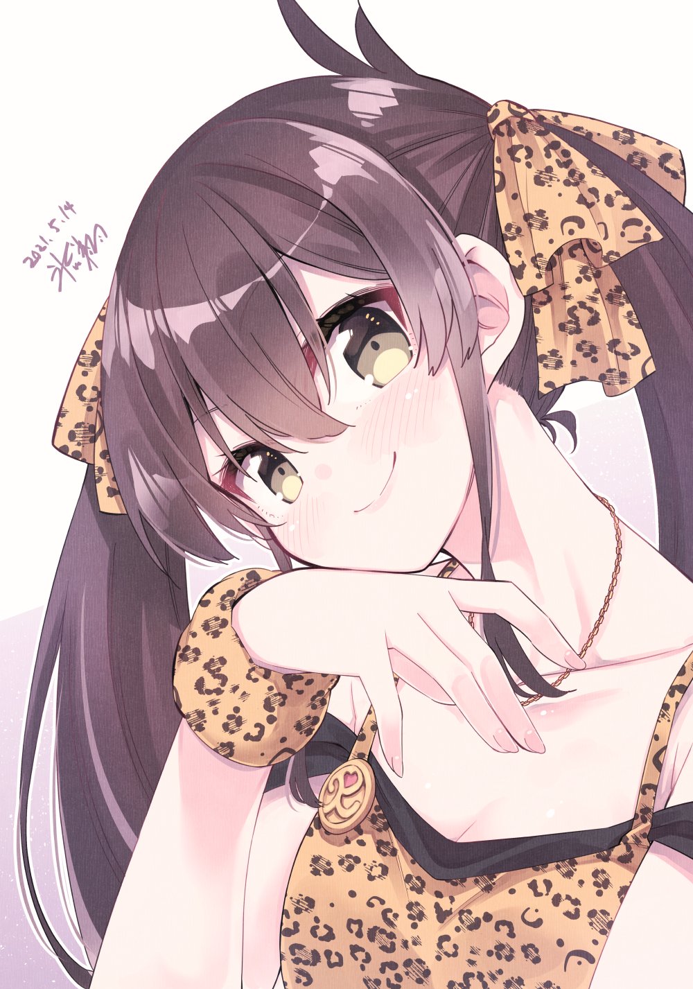 1girl animal_print black_hair dated hair_between_eyes head_tilt highres hikawa_shou idolmaster idolmaster_cinderella_girls jewelry leopard_print matoba_risa necklace sidelocks signature smile solo twintails wristband yellow_eyes