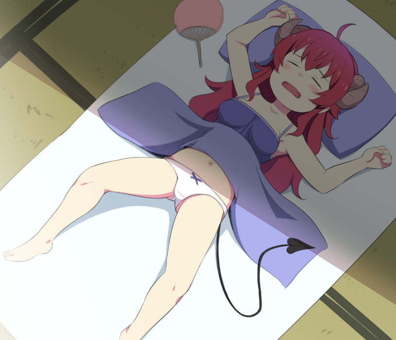 1girl ahoge barefoot camisole demon_tail fang futon hand_fan honda_naoki horns indoors long_hair lying machikado_mazoku no_pants on_back panties paper_fan pillow redhead skin_fang sleeping solo tail tatami uchiwa underwear white_panties x_navel yoshida_yuuko_(machikado_mazoku)