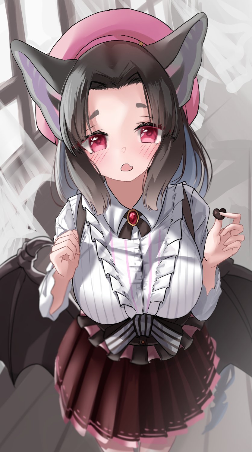 animal_ears bat_ears bat_girl bat_wings beret blush brown_hair brown_skirt buchibussei candy center_frills chocolate chocolate_heart collared_shirt commentary_request eyebrows_visible_through_hair fang food forehead fraternal_myotis_(kemono_friends) frills from_above hat heart highres kemono_friends kemono_friends_3 long_hair long_sleeves looking_at_viewer official_alternate_costume open_mouth pink_hair pleated_skirt red_eyes shirt skirt striped striped_shirt suspender_skirt suspenders white_shirt wings