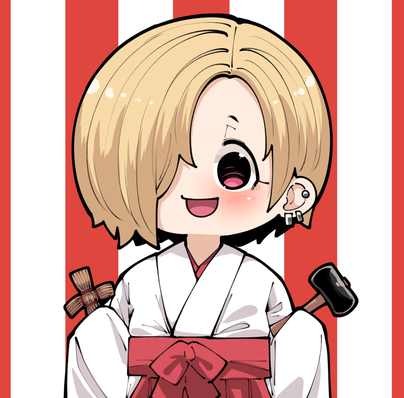 1girl :d blonde_hair blush chibi hair_over_one_eye hakama holding holding_mallet idolmaster idolmaster_cinderella_girls japanese_clothes kimono looking_at_viewer mallet one_eye_covered open_mouth pink_eyes red_hakama shirasaka_koume smile solo tagme takato_kurosuke upper_body