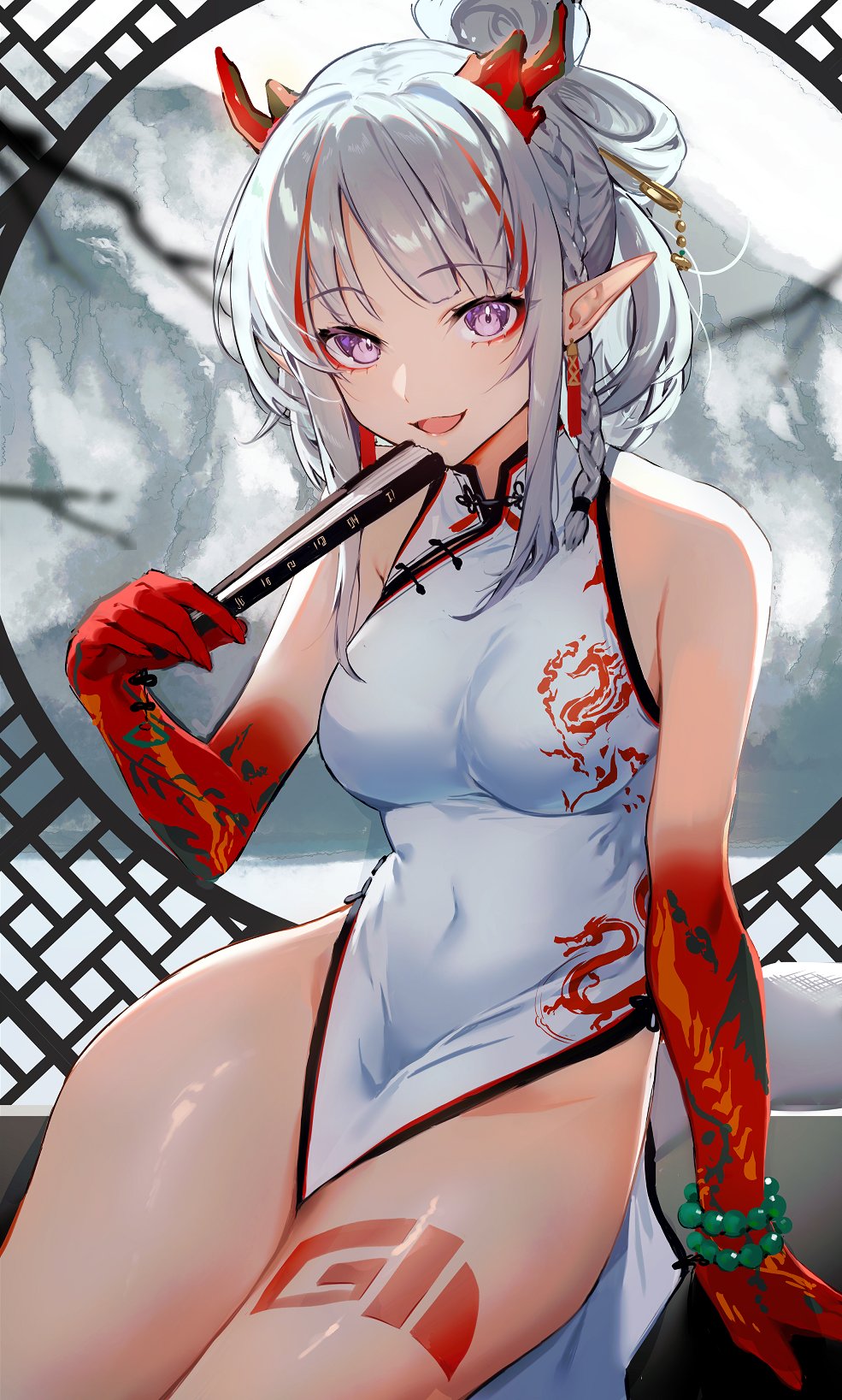 1girl arknights arm_support bare_shoulders beads china_dress chinese_clothes dragon_girl dragon_horns dress folding_fan hair_ornament hand_fan highres holding holding_fan horns ichibi looking_at_viewer multicolored_hair nian_(arknights) open_mouth pelvic_curtain pointy_ears print_dress streaked_hair tattoo violet_eyes white_hair